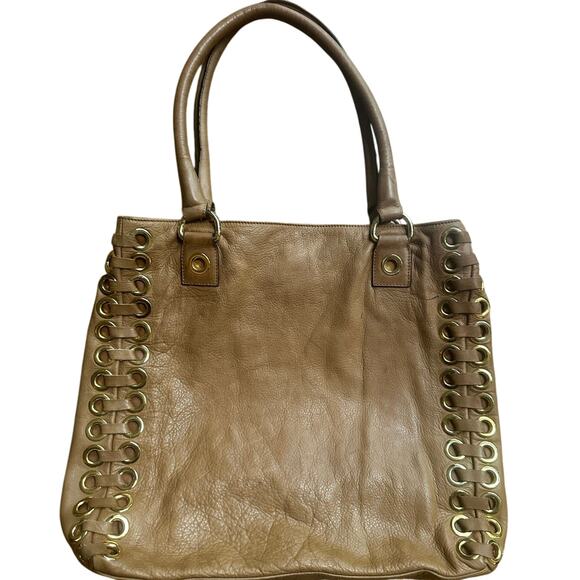 ABRO Tan Italian Leather Satchel with Gold Rivets Interior Pockets Handbag - Picture 1 of 9